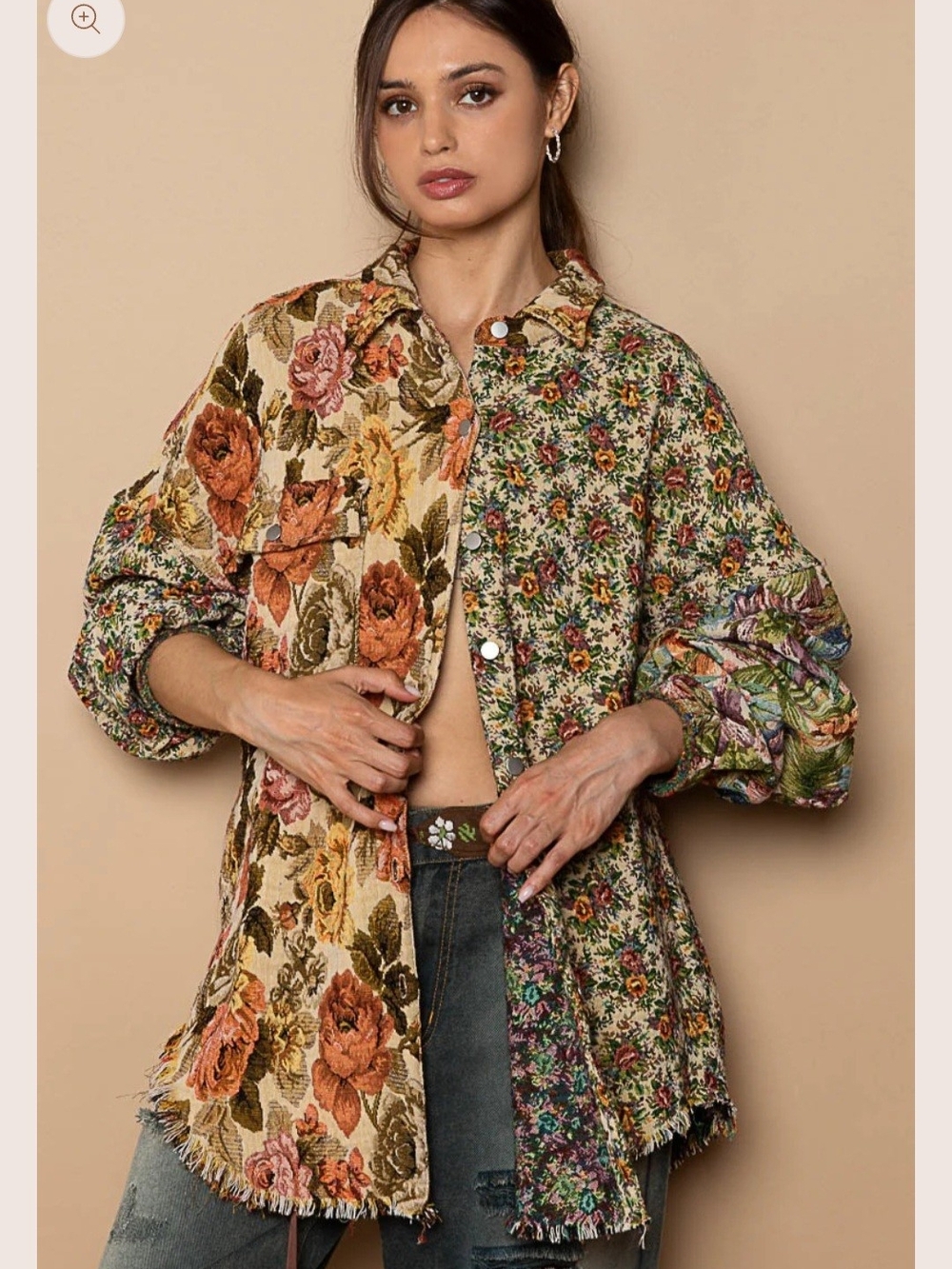 Mixed Floral Patchwork Oversized Button-Up Jacket in Green & Rust Floral